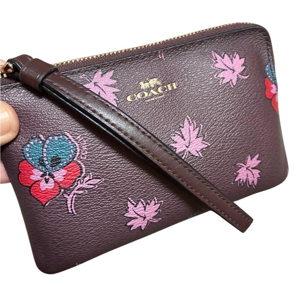 Coach Floral Print Leather Wristlet in Plum with Pink Accents - Picture 3 of 11